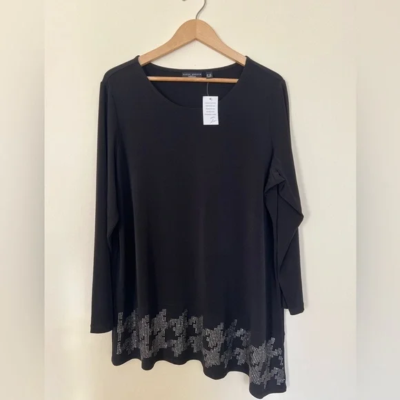 Susan Graver Artisan Womens Top Black 1X Asymmetrical Rhinestone Casual Shimmer - Picture 1 of 16